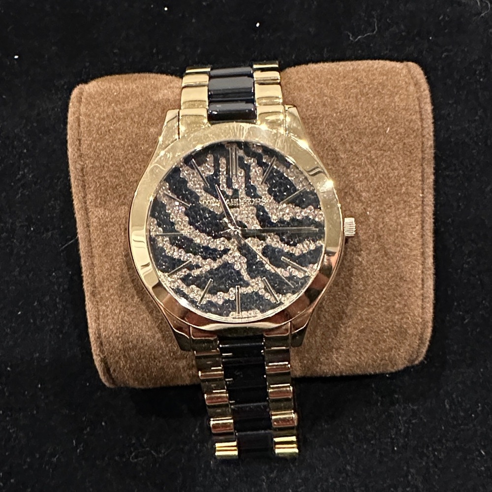 Gold and Black Watch with Crystal Accents